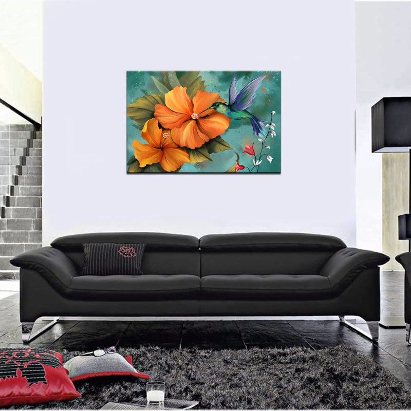 LevvArts Burn Orange and Teal Wall Art Decor Hummingbird Painting Prints Hawaii Hibiscus Flower Canvas Picture Vintage Living Room Bedroom Decorations 24x36 - Image 5